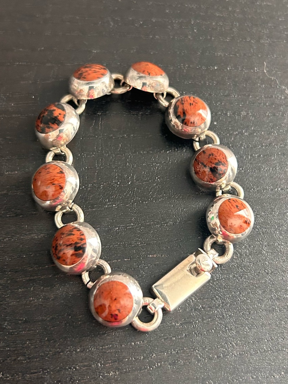 7” Red Jasper & Sterling Silver Cabochon Articulated Link Bracelet 925 Vintage! - Picture 2 of 9